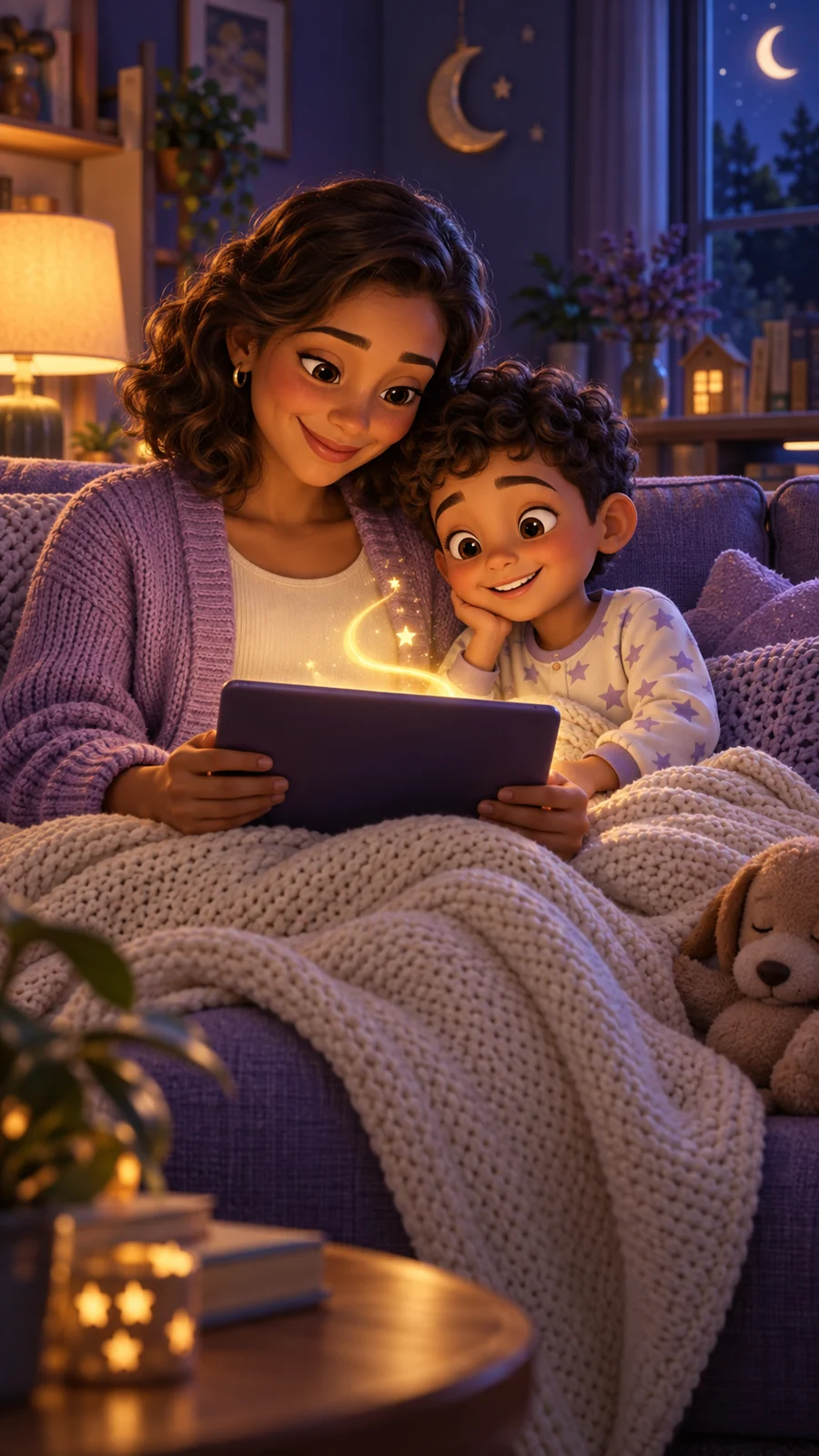 Mãe e filho lendo juntos no sofá